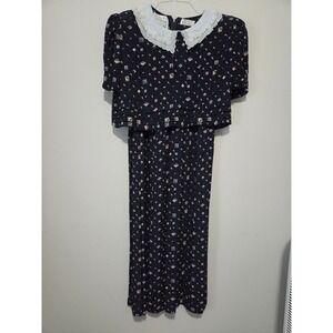 Vintage‎ Karin Stevens Navy Geometric Print Lace Collar Midi Dress Women 14 90s